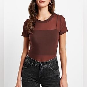 Express Bitter Chocolate Brown Fitted Crew Neck Sheer Mesh Tee T-Shirt